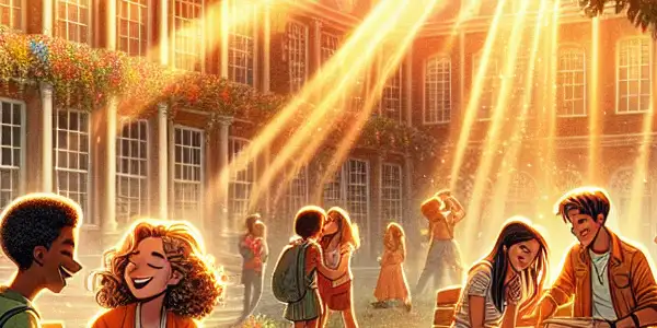A sunlit high school courtyard filled with diverse teenagers enjoying friendship, love, and dreams amidst lush greenery and flowers.
