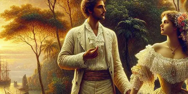 A romantic moment between Florentino Ariza and Fermina Daza in a lush, late 19th century Colombian landscape.