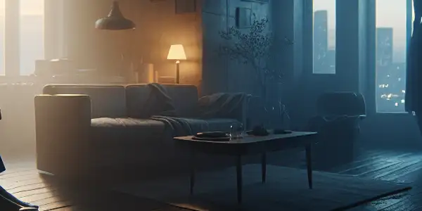 A mysterious man and a resilient woman share a poignant moment in a dimly lit, empty room.