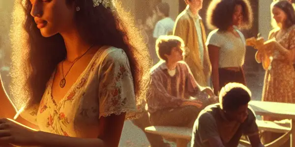 A teenage couple shares a tender moment in a sunlit high school courtyard, surrounded by classmates enjoying springtime activities.