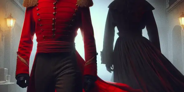 A determined young man in a red military uniform stands against a shadowy church, embodying ambition and internal conflict.