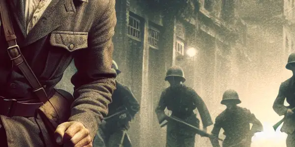 A determined underground worker navigates a war-torn city, evading enemy soldiers in a tense World War II setting.