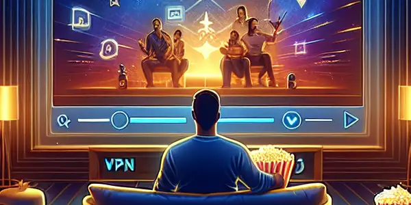 A cozy home theater setup with a person enjoying a colorful movie, surrounded by movie shelves and ambient lighting.