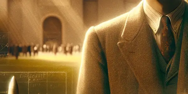 A young Qian Xuesen stands determined on a university campus, surrounded by physics books and a model rocket.