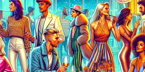 A lively European and American adult party with diverse individuals socializing, dancing, and enjoying drinks in a festive atmosphere.