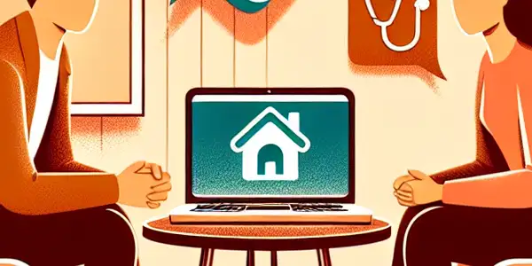 A cozy room with two adults conversing, featuring a laptop, health symbols, and visual metaphors for communication.