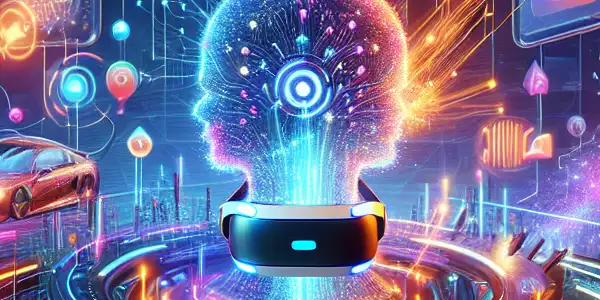 A futuristic virtual reality platform showcasing the evolution of the adult entertainment industry with holographic displays and vibrant colors.