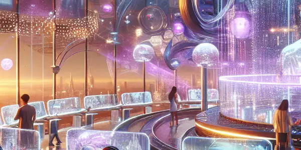 A futuristic VR lounge filled with diverse people experiencing immersive adult entertainment in a vibrant, high-tech environment.