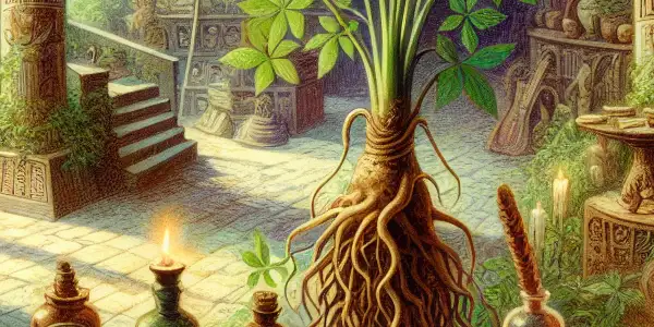 A mystical library scene showcasing Mandrake root, ancient symbols, and literary connections to aphrodisiac drugs.