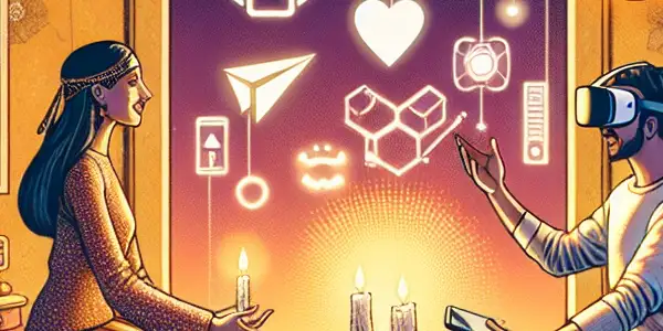 A cozy bedroom scene featuring a couple engaged in playful role-playing, surrounded by modern technology and symbols of safety and communication.