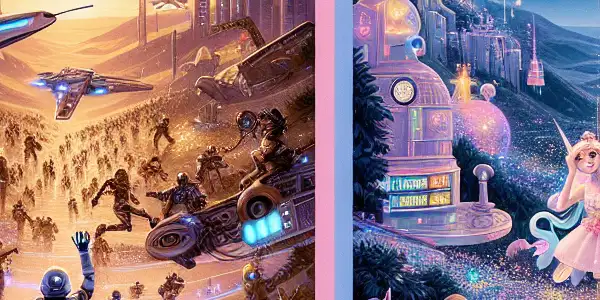 A vibrant poster showcasing a sci-fi action scene and a whimsical fantasy scene for a fictional film festival.