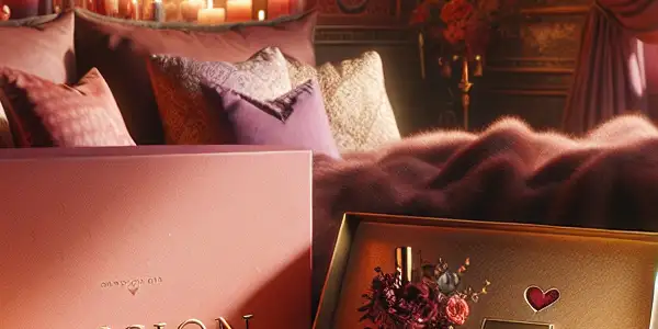 A cozy, romantic setting featuring a lavish gift box filled with candles, massage oil, and intimate accessories.