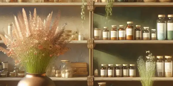 An elegant apothecary display of herbal aphrodisiacs, featuring natural extracts and a warm, inviting atmosphere.