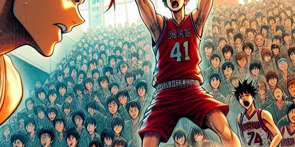 A thrilling basketball game scene featuring Sakuragi Hanamichi and Rukawa Kaede amidst an excited crowd in a packed gymnasium.