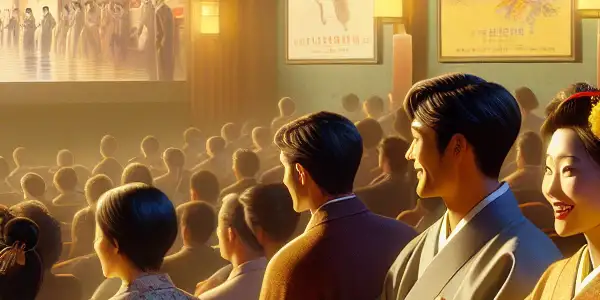 A cozy cinema hall filled with a diverse audience enjoying iconic East Asian films, sharing popcorn and smiles.