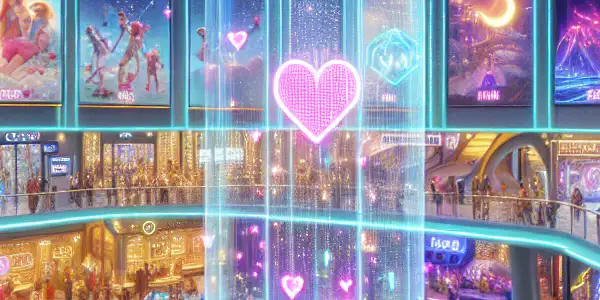 A vibrant entertainment hub featuring distinct romance and adventure zones, filled with couples and dynamic activities.