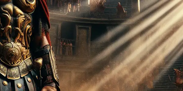 A fierce gladiator raises his sword in defiance against a shadowy emperor in the Colosseum, surrounded by a roaring crowd.