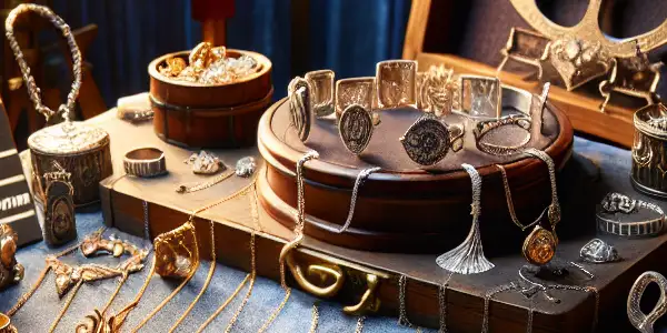 A collection of movie-themed silver jewelry displayed in a cozy, dimly lit room with cinematic elements.