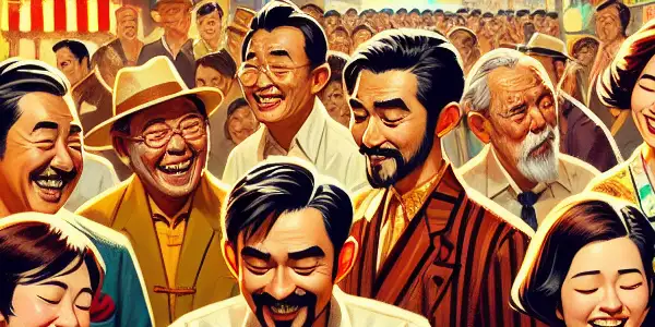 A lively 1990s Chinese street market scene filled with cheerful vendors, friends laughing, and humorous interactions.