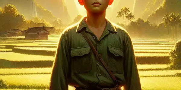 A young boy in 1940s China, dressed in revolutionary attire, stands in lush fields with mountains behind him.