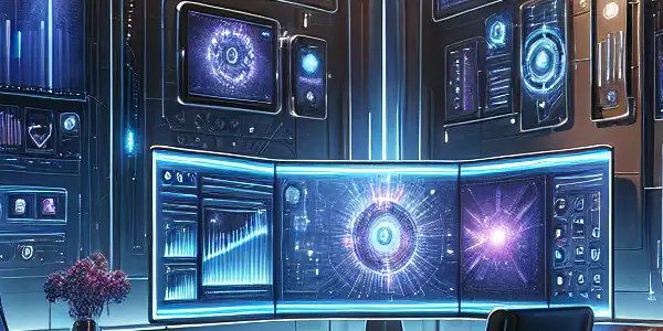 A futuristic workspace with multiple screens showcasing adult content and glowing bookmark icons in a modern office setting.