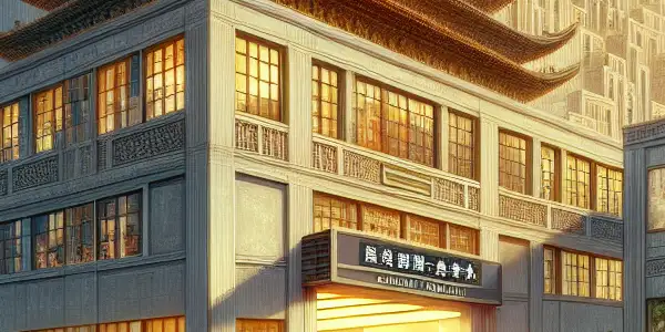 A vibrant scene at Beijing Film Studio, showcasing filmmakers, vintage film reels, and the evolution of Chinese cinema.