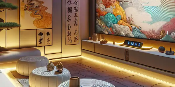 A modern home theater featuring plush seating, a large screen, hygiene products, and Japanese cultural accents.