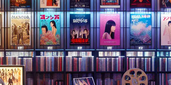 A vibrant digital library showcasing Japanese AV cinema with colorful movie posters and a warm, inviting atmosphere.