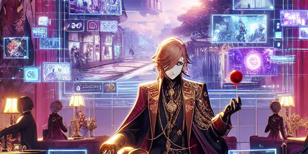 A luxurious futuristic room featuring a customizable anime character and interactive gaming elements, inspired by adult video games.