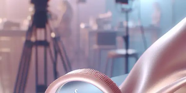 A close-up of a sleek, transparent condom surrounded by film set elements, evoking intimacy and safety.