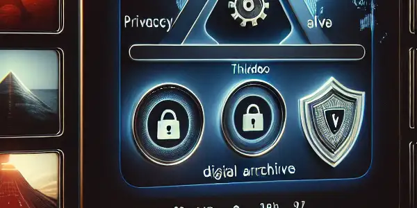 A modern digital archive interface for adult content featuring thumbnails, privacy icons, and a high-tech background.