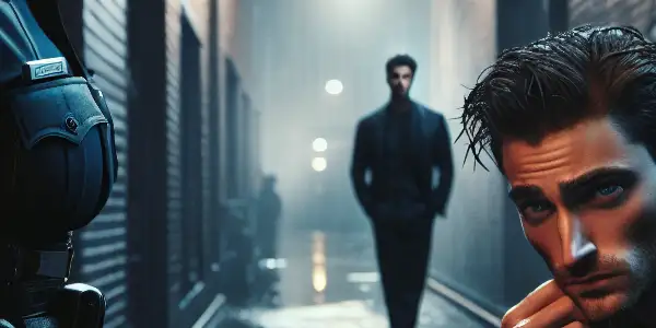 A tense emotional moment between a police officer and a conflicted man in a dimly lit urban alley.