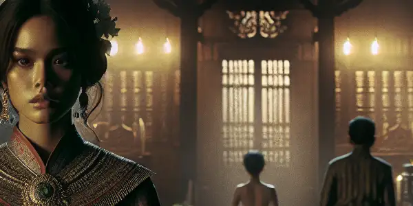 A complex female character in traditional Thai dress, surrounded by family, reflecting themes of desire and revenge.