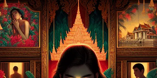 A captivating female character amidst traditional Thai architecture, hinting at hidden desires and family secrets.