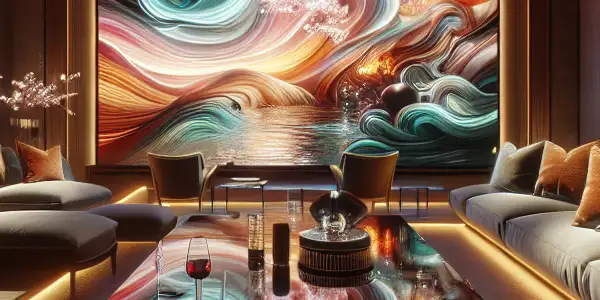 A luxurious, dimly lit room with plush furnishings, featuring abstract art and elements of Japanese decor, symbolizing adult entertainment.