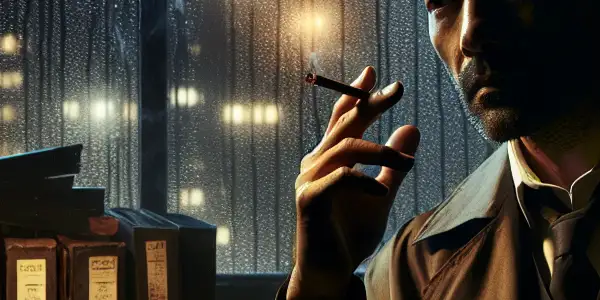 A brooding detective in a dim office, contemplating a murder case amid rain-soaked city lights and shadows.