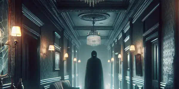 A dimly lit hotel corridor with a ghostly figure, flickering chandelier, and ominous shadows creating a chilling atmosphere.