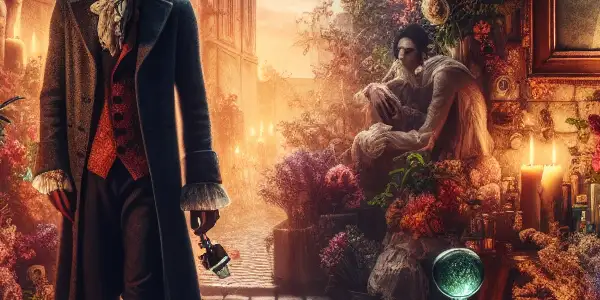 A brooding perfumer surrounded by exotic flowers, shadows, and ghostly figures, reflecting obsession and madness in 18th century France.