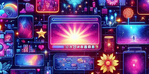 A vibrant, futuristic digital marketplace featuring colorful coins and screens displaying adult content genres, inviting and playful atmosphere.