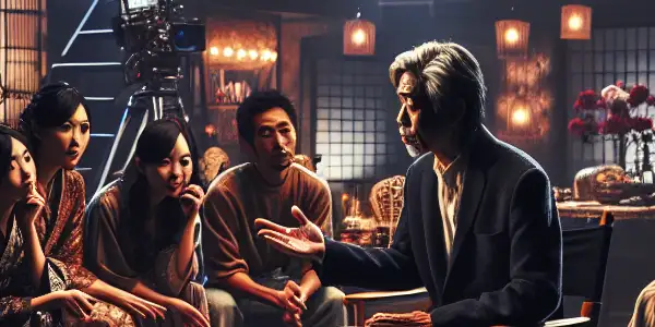 A behind-the-scenes glimpse of a Japanese AV film set with a director and diverse actors in a vibrant studio.