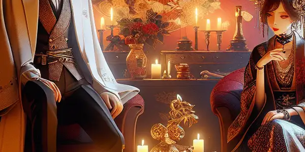 A cozy, intimate room with two characters role-playing, surrounded by romantic elements and hints of Japanese culture.