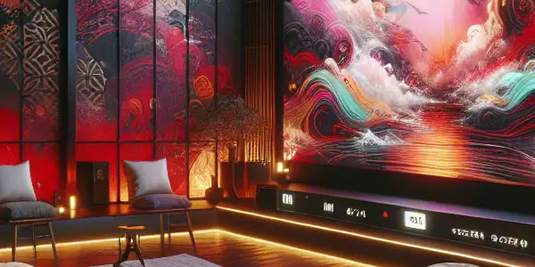 A cozy home theater designed for safe adult entertainment, featuring modern decor and vibrant abstract visuals.