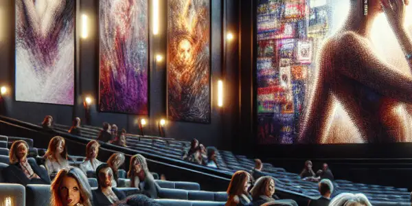 A modern cinema scene featuring elegantly dressed adult film stars in an intimate, inviting atmosphere with abstract romantic visuals.