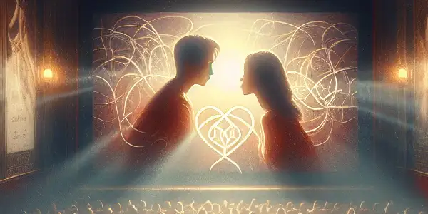 An intimate movie theater scene filled with captivated patrons watching a film about forbidden love and passion.