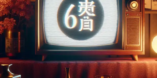 A dimly lit room featuring a vintage TV, film reel, and Japanese cultural elements, evoking a cinematic adult film atmosphere.