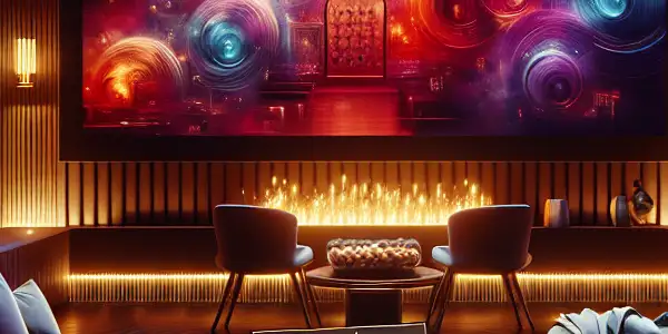 A luxurious home theater featuring plush seating, ambient lighting, and an abstract visual display suggesting intimacy and allure.