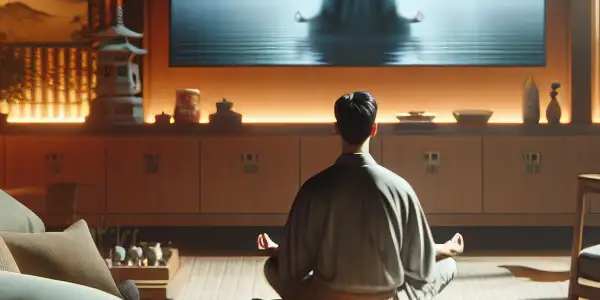 A cozy room featuring a person relaxing on a sofa, engaging in mindfulness while watching a blurred Japanese film.
