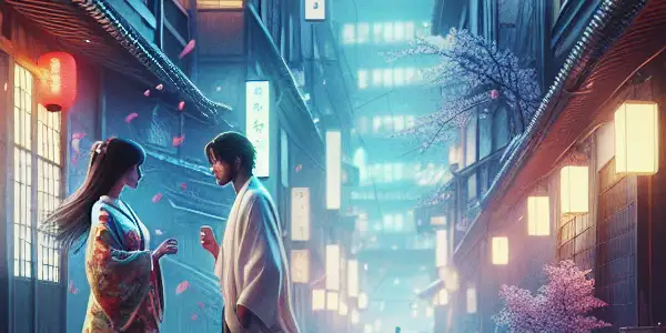 A young man approaches an alluring woman in a dimly lit urban alley, surrounded by cherry blossoms and neon lights.