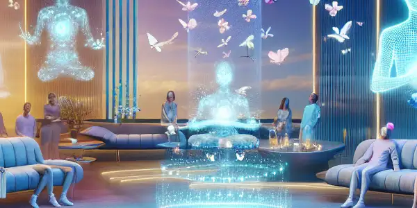 A futuristic lounge with diverse people enjoying holographic adult films in a serene, high-tech environment.