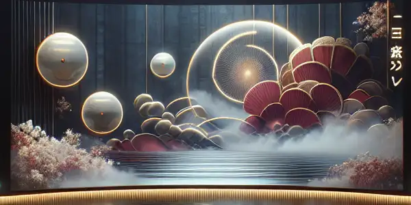 A futuristic cinema interior with plush seating, ambient lighting, and a large screen displaying abstract visuals, featuring Japanese cultural elements.